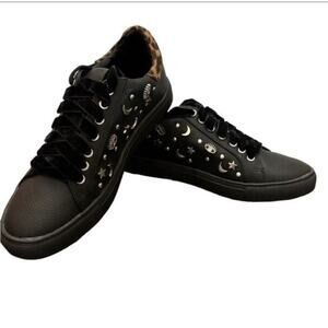 Sbicca Clark Black Leopard Sneakers Embellished w/Stars‎ Moons - Size 8.5
